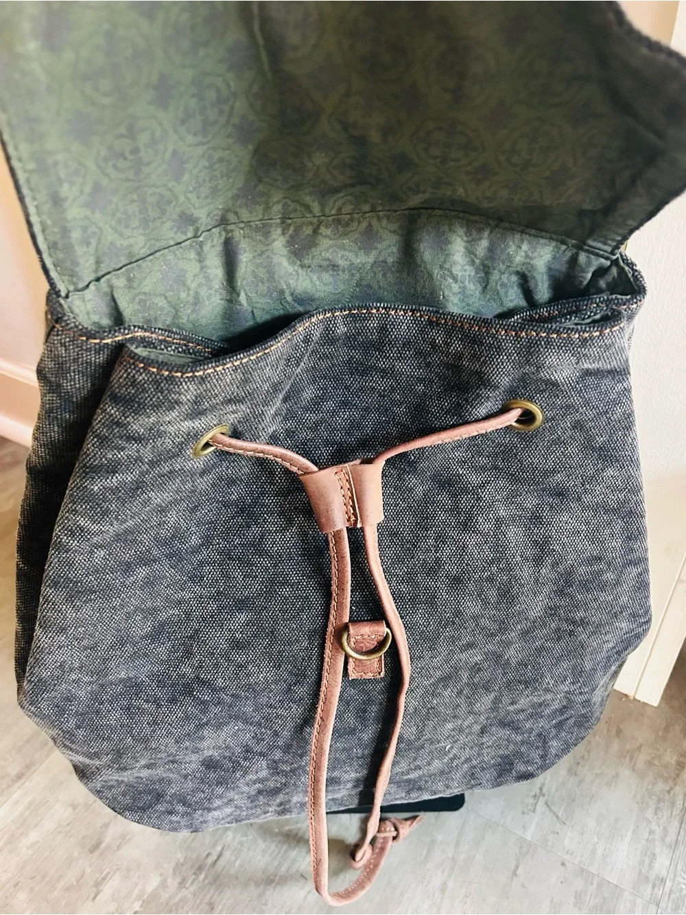 Vintage Addiction Cotton Canvas Leather Backpack Gray Brown Travel Rucksack